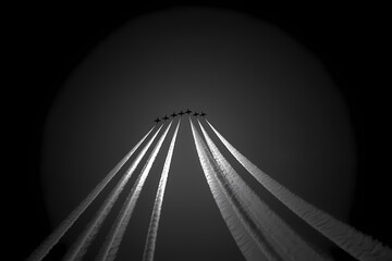 High-Altitude Aircraft Formations with Contrails in Sky
