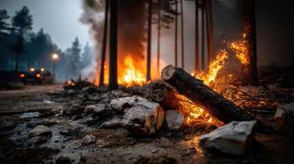 Destructive Wildfire Displaying Nature's Fury at Night in Forest Landscape