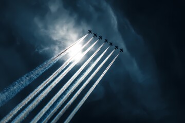 Jets in Formation Against Dramatic Skies with Contrails and Sunbeams