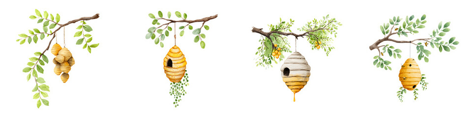 Watercolor Beehives Hanging from Tree Branches