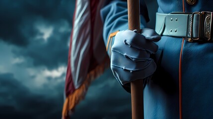 Soldier Holding Flag with Dramatic Sky Background in Monument Setting