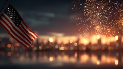 Vibrant Fireworks Display Over Cityscape with American Flag in Foreground