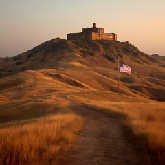Sunset View of Historical Building on Hilltop with American Flag