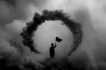 Person Holding Flag Surrounded by Smoke in Black and White Environment