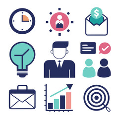 Business Icon Pack – 12 to 16 Solid Style Icons Including Meeting, Email, Target, Idea, Growth, Time and User for Corporate and Productivity Use

