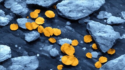 Layered Digital Artwork Featuring Sanded Acrylic Stones and Bright Yellow Floral Elements