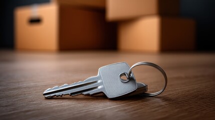 Key Inserted in Lock with Moving Boxes in Background Suggesting New Home Transition