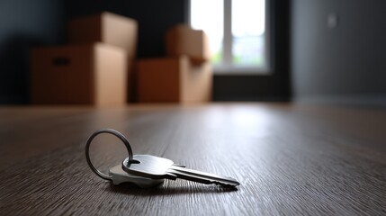 New Home Key Inserted in Door Focused on Room with Moving Boxes in Background
