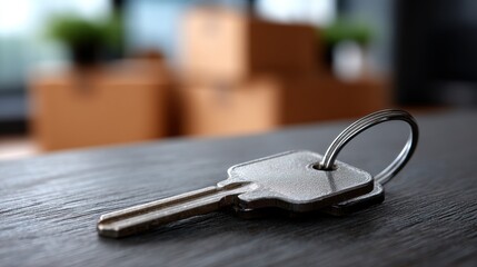 Key on Table with Cardboard Boxes in Background Ready for Unpacking in Modern Room