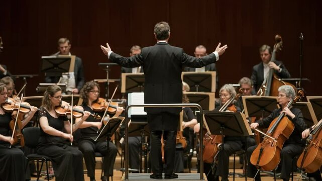 Conductor from behind leading a symphony orchestra on stage. Musicians playing string instruments during a classical music concert.