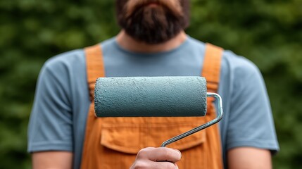 Professional Worker Painting Exterior Surfaces with Paint Roller in Progress