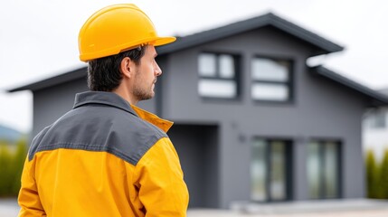 Construction Worker Evaluating Home Improvement Project on a New Residential Building Site