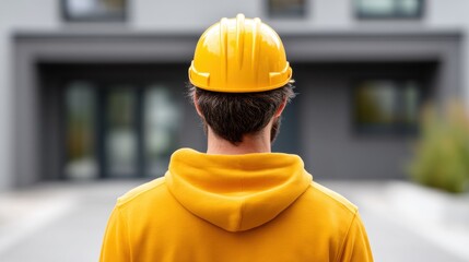 Construction Worker in Yellow Helmet Standing Before Modern Home Improvement Project Exterior