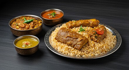 Overhead shot of a plate of biryani with meat and bowls of curry on a dark surface in a studio