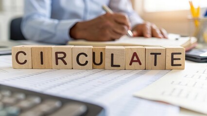 Wooden blocks spelling "CIRCULATE" with soft focus office document flow
