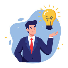 Man in red tie presenting big glowing idea bulb