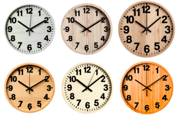 Set of wooden clocks, isolated, on a transparent background