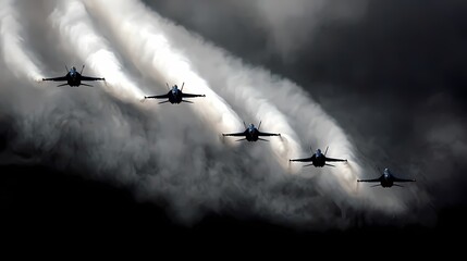 Fighter Jets Flying in Formation Amidst Dark Stormy Clouds