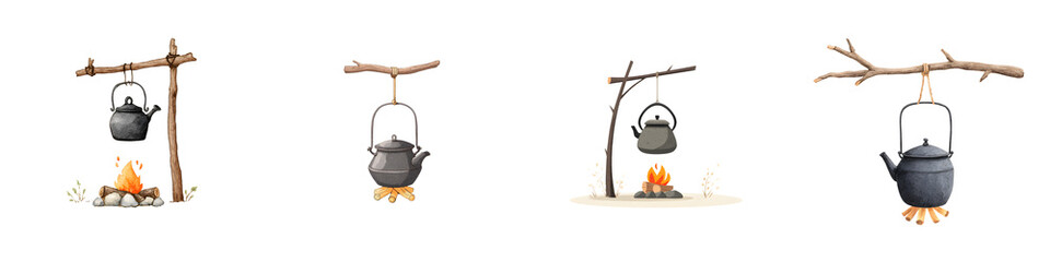 Camping Kettle over Campfire: Adventure and Outdoor Cooking Illustration