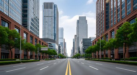 Obraz premium Urban Harmony: Sunlit Skyscrapers, Tree-Lined Avenue, and Clear City Skies