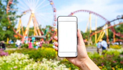 Hand Holding Smartphone with Blank Screen at Roller Coaster