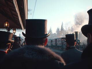 Elegant Men in Top Hats at Vintage Train Station in Early Morning Light