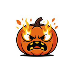 Angry cartoon pumpkin with fiery eyes suitable for Halloween themed designs, spooky illustrations, holiday decorations, party invitations, and childrens books.