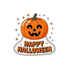 Cute happy Halloween pumpkin with text suitable for greeting cards, social media posts, and festive decorations for the season.