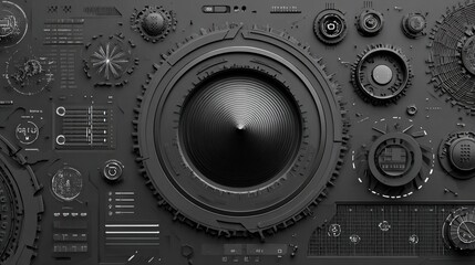 Fototapeta premium Intricate black & gray device panel with dials, gauges, and circular geometric details.