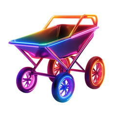 Colorful neon baby stroller design with vibrant lighting effects isolated on transparent background, cutout png