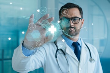 Doctor interacting with digital health interface, showcasing advanced medical technology and diagnostic tools in a futuristic healthcare setting with modern clinical designs.