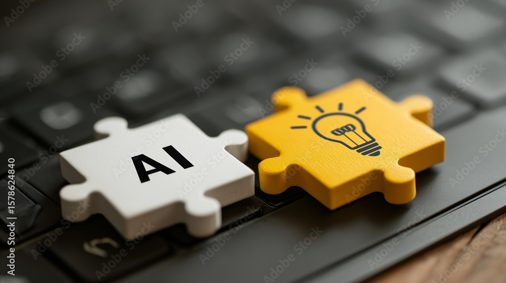 Poster two puzzle pieces with symbols of ai and yellow light bulb lying on the keyboard. concepts of using 