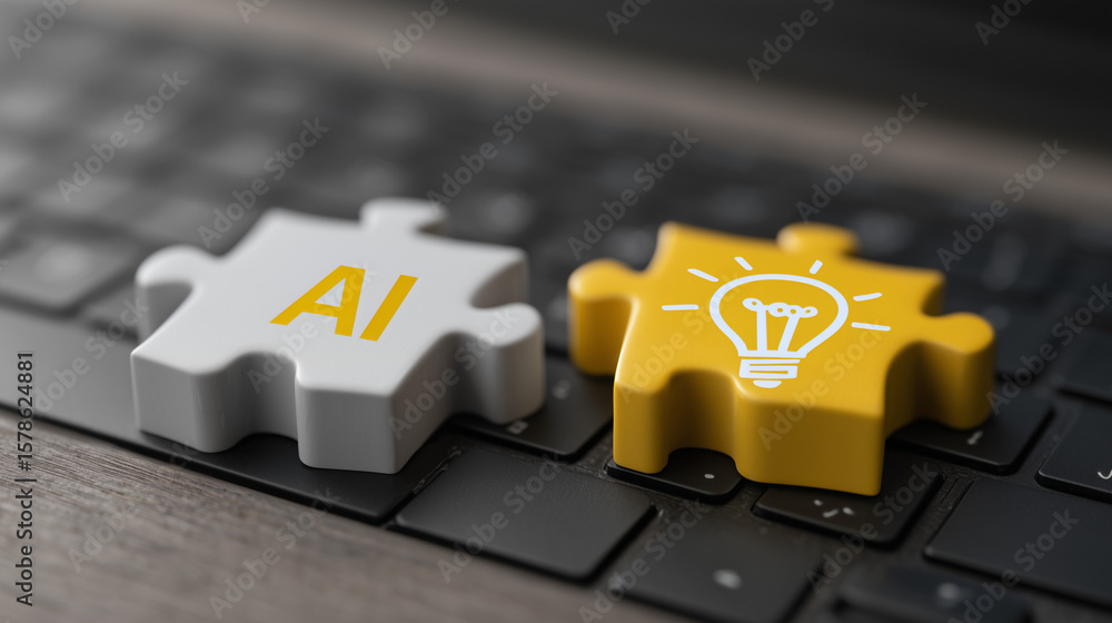 Poster two puzzle pieces with symbols of ai and yellow light bulb lying on the keyboard. concepts of using 