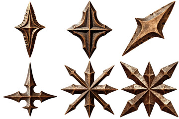 Set of decorative metal emblems and spearheads, wind rose, isolated, on a transparent background