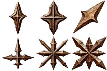Set of decorative metal emblems and spearheads, wind rose, isolated, on a transparent background