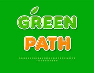 Vector Eco template Green Path. Glossy Round Font. Cute Green Alphabet Letters and Numbers.