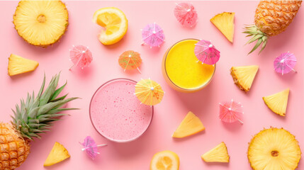 Tropical fruit smoothies with pineapple slices and colorful cocktail umbrellas on a pink background.
