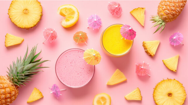 Tropical fruit smoothies with pineapple slices and colorful cocktail umbrellas on a pink background.