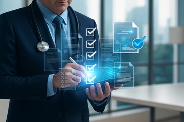 A Doctor in Suit Managing Digital Checklist on Tablet, Utilizing Technology for Healthcare Management and Efficiency in Patient Care Documentation System