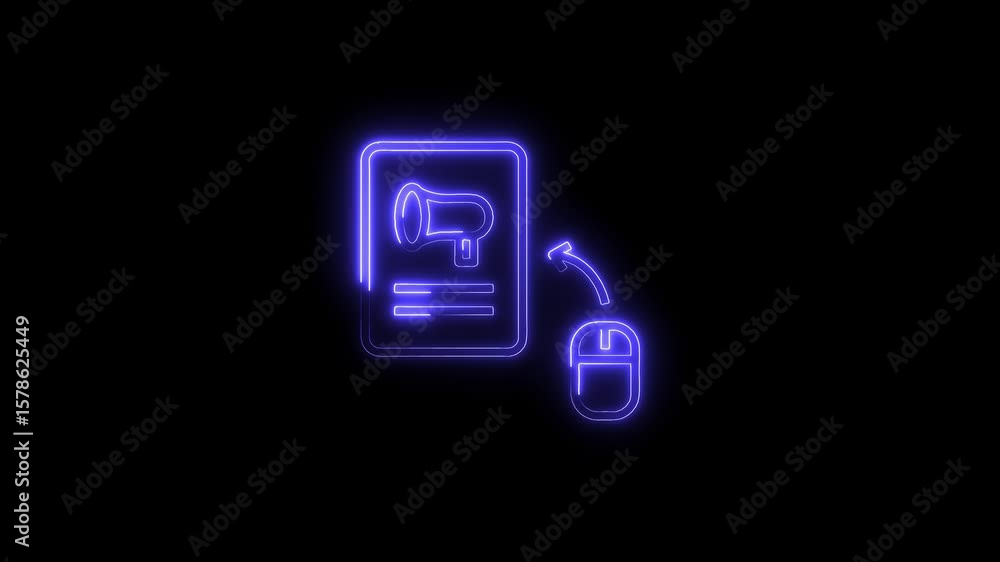 Poster neon digital marketing and advertising concept with megaphone and mouse cursor click animation