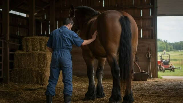 Farmer caressing his large draft horse in a rustic wooden barn. Man in overalls showing affection to his workhorse. Rural lifestyle and animal care concept.