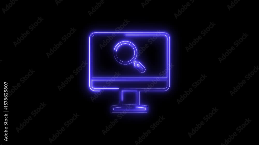 Aufkleber computer screen and search magnifier with glowing neon effect on dark background animated concept