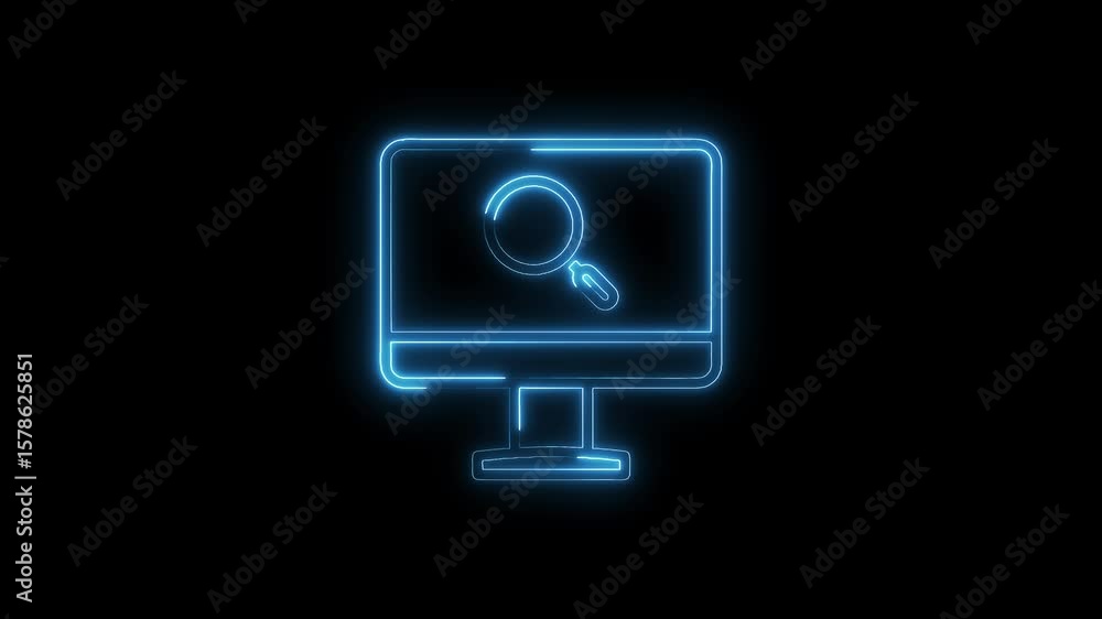 Aufkleber glowing neon outline animation of a computer screen with magnifying glass searching