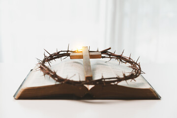 Crown of thorns and cross powerful symbols in Christianity, representing holy sacrifice of Jesus...