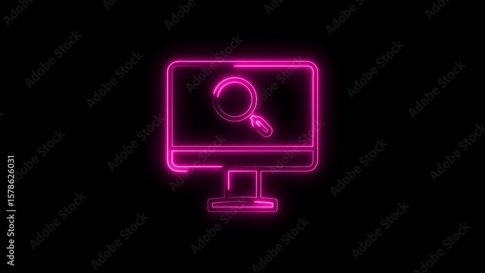 Aufkleber pink neon computer screen displaying search magnifier icon on black background animation