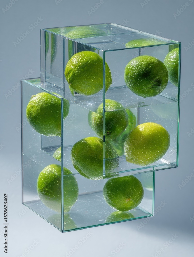 Poster floating limes in a surreal glass cube structure create a striking visual element with a minimalist 