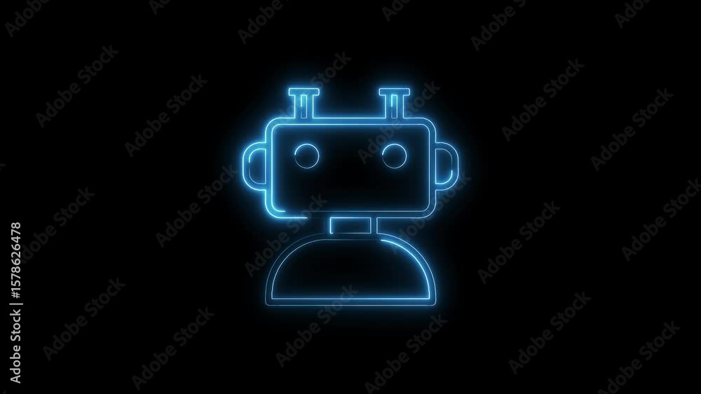 Poster luminous neon robot animation isolated on black background for technology and science fiction visual