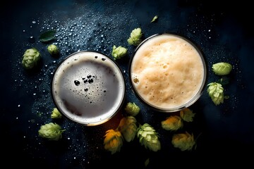 Dark and Light Beer with Fresh Hops on a Dark Surface
