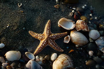 a starfish and shells on a beach