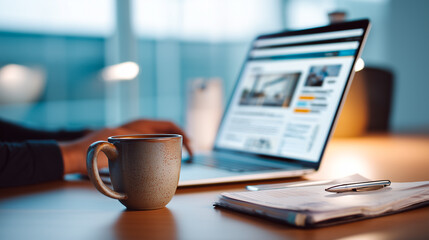 hotorealistic scene of a professional adult taking an online upskilling course at a modern desk. Laptop with training interface, notes, coffee mug, clean workspace, soft lighting